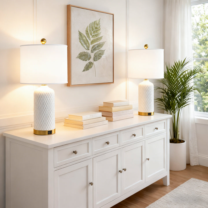 Sculpt 22" Modern Ceramic Table Lamp With Usb And Type-C Charging Polished Gold Base For Bedroom,Nightstand And Living Room (Set of 2) #T284