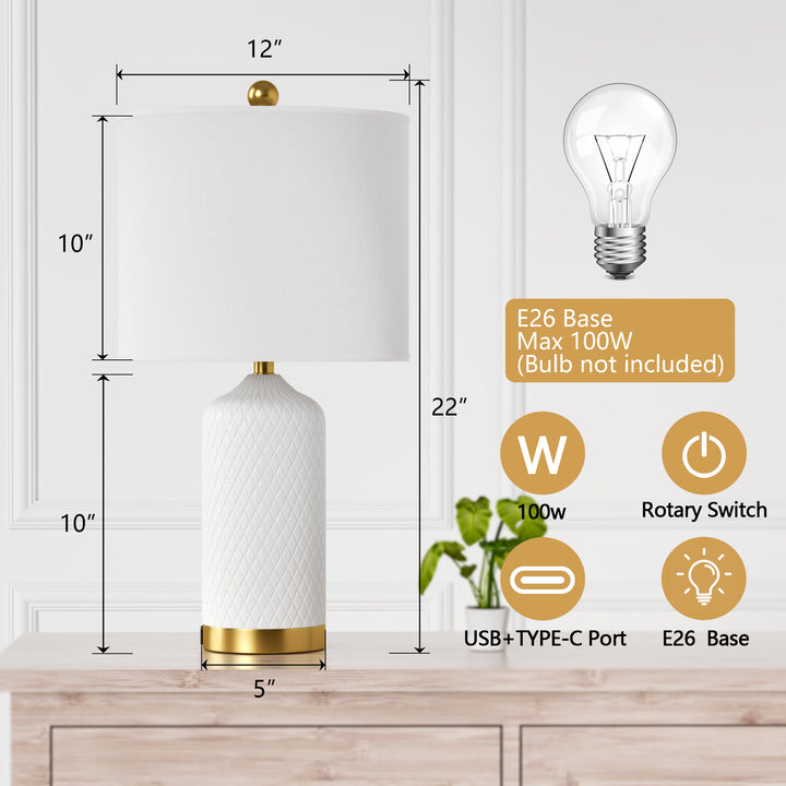 Sculpt 22" Modern Ceramic Table Lamp With Usb And Type-C Charging Polished Gold Base For Bedroom,Nightstand And Living Room (Set of 2) #T284