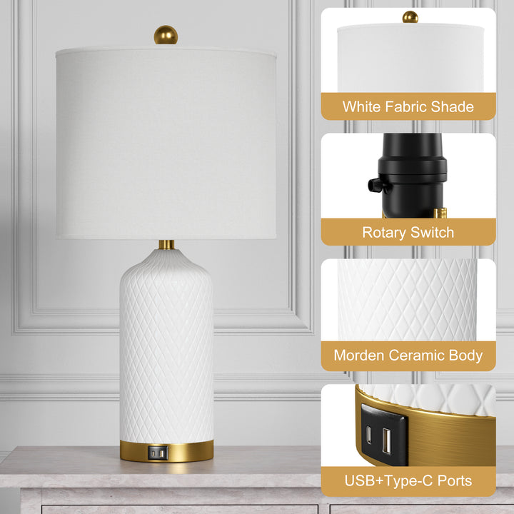 Sculpt 22" Modern Ceramic Table Lamp With Usb And Type-C Charging Polished Gold Base For Bedroom,Nightstand And Living Room (Set of 2) #T284