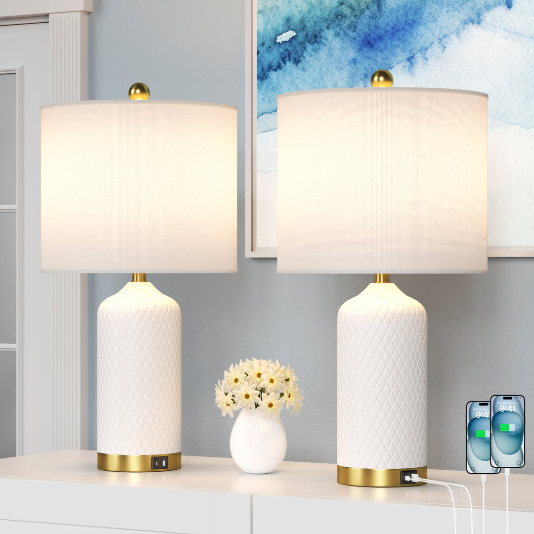 Sculpt 22" Modern Ceramic Table Lamp With Usb And Type-C Charging Polished Gold Base For Bedroom,Nightstand And Living Room (Set of 2) #T284