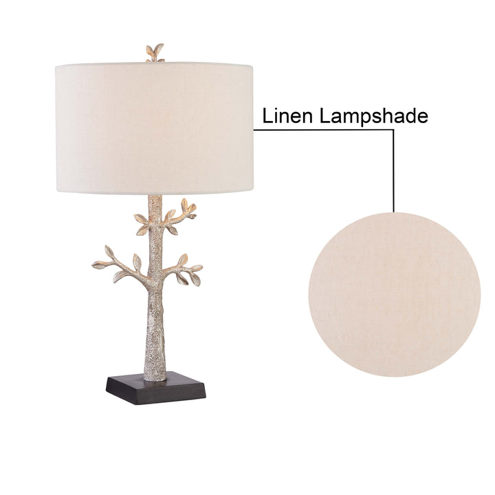 26.5 in. Antique Gold Modern Natural Metal Resin For Bedroom/Living Room Bedside Desk Nightstand accent tree Table Lamp With Linen Drum Shade (Set of 2)