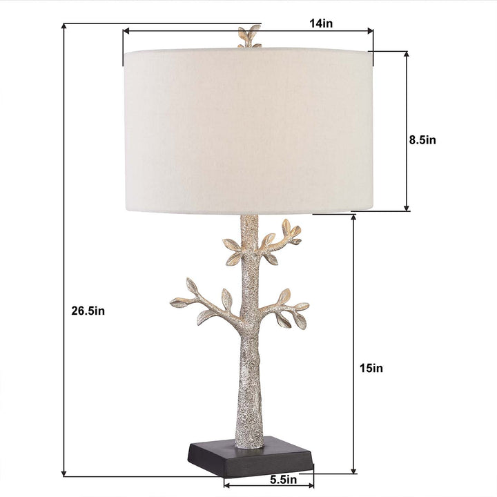 26.5 in. Antique Gold Modern Natural Metal Resin For Bedroom/Living Room Bedside Desk Nightstand accent tree Table Lamp With Linen Drum Shade (Set of 2)