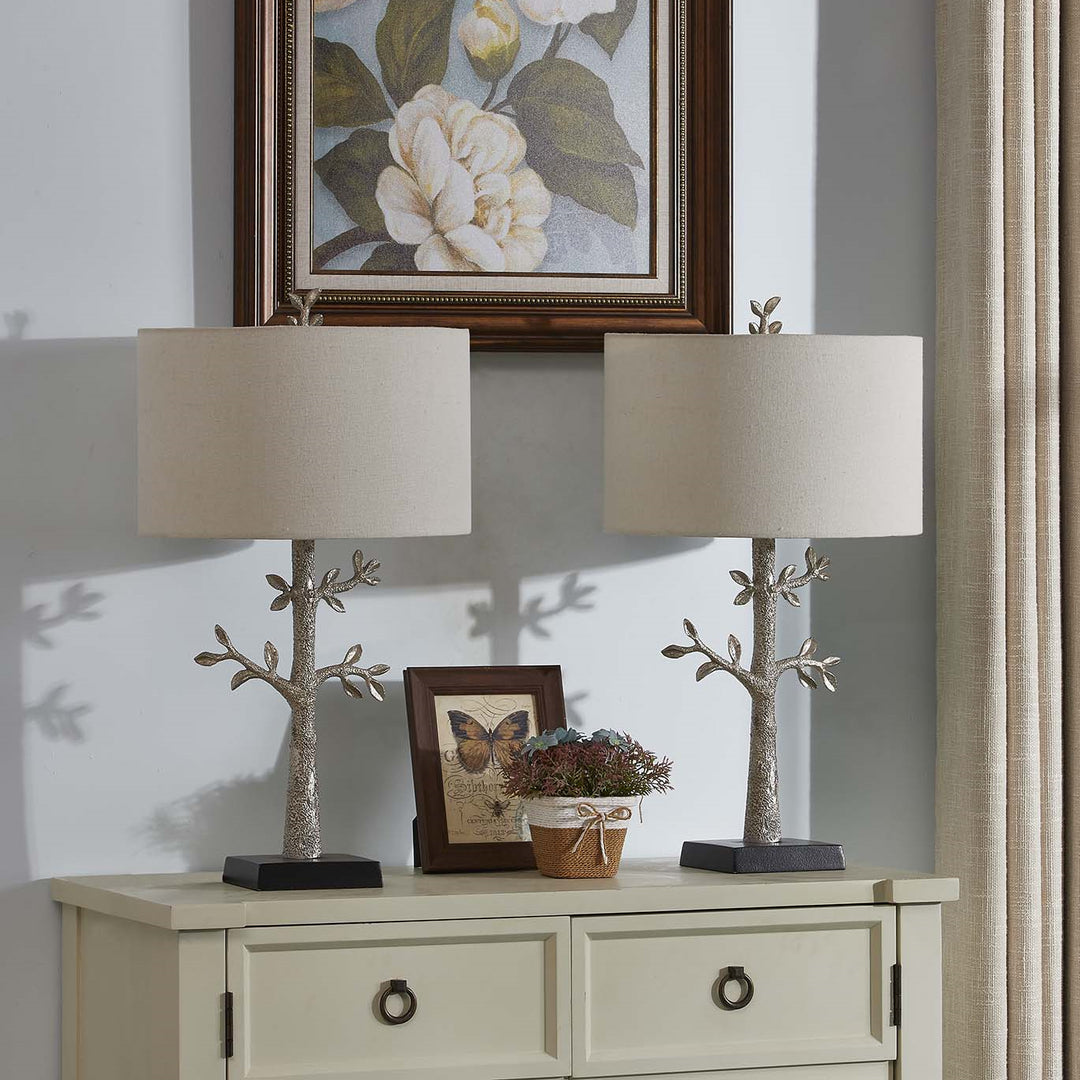26.5 in. Antique Gold Modern Natural Metal Resin For Bedroom/Living Room Bedside Desk Nightstand accent tree Table Lamp With Linen Drum Shade (Set of 2)