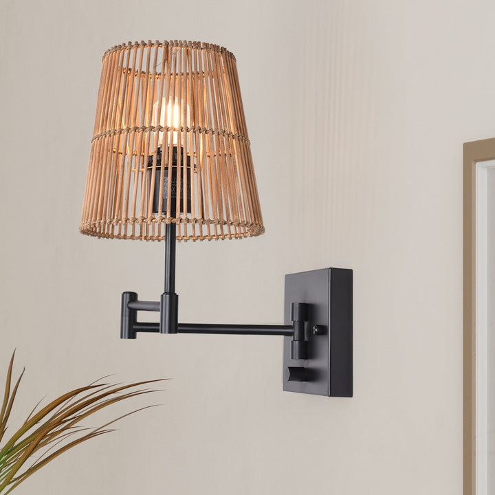 1- Light Dimmable Swing Arm Wall Lamp with Rattan Shade #28002