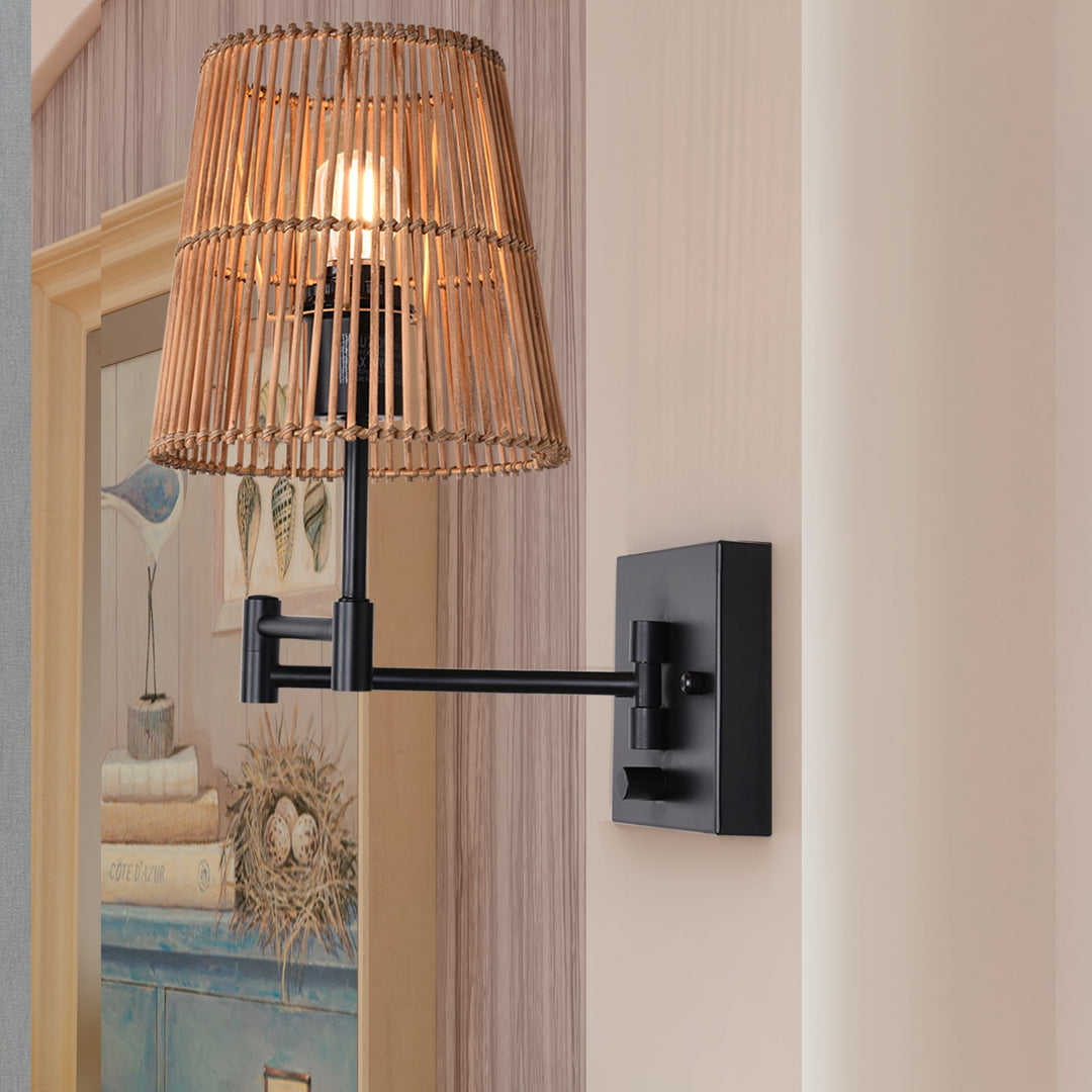 1- Light Dimmable Swing Arm Wall Lamp with Rattan Shade #28002