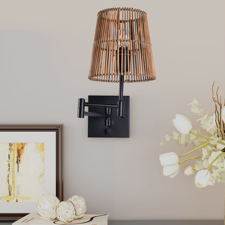 1- Light Dimmable Swing Arm Wall Lamp with Rattan Shade #28002