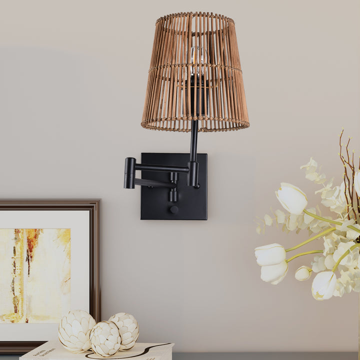 1- Light Dimmable Swing Arm Wall Lamp with Rattan Shade