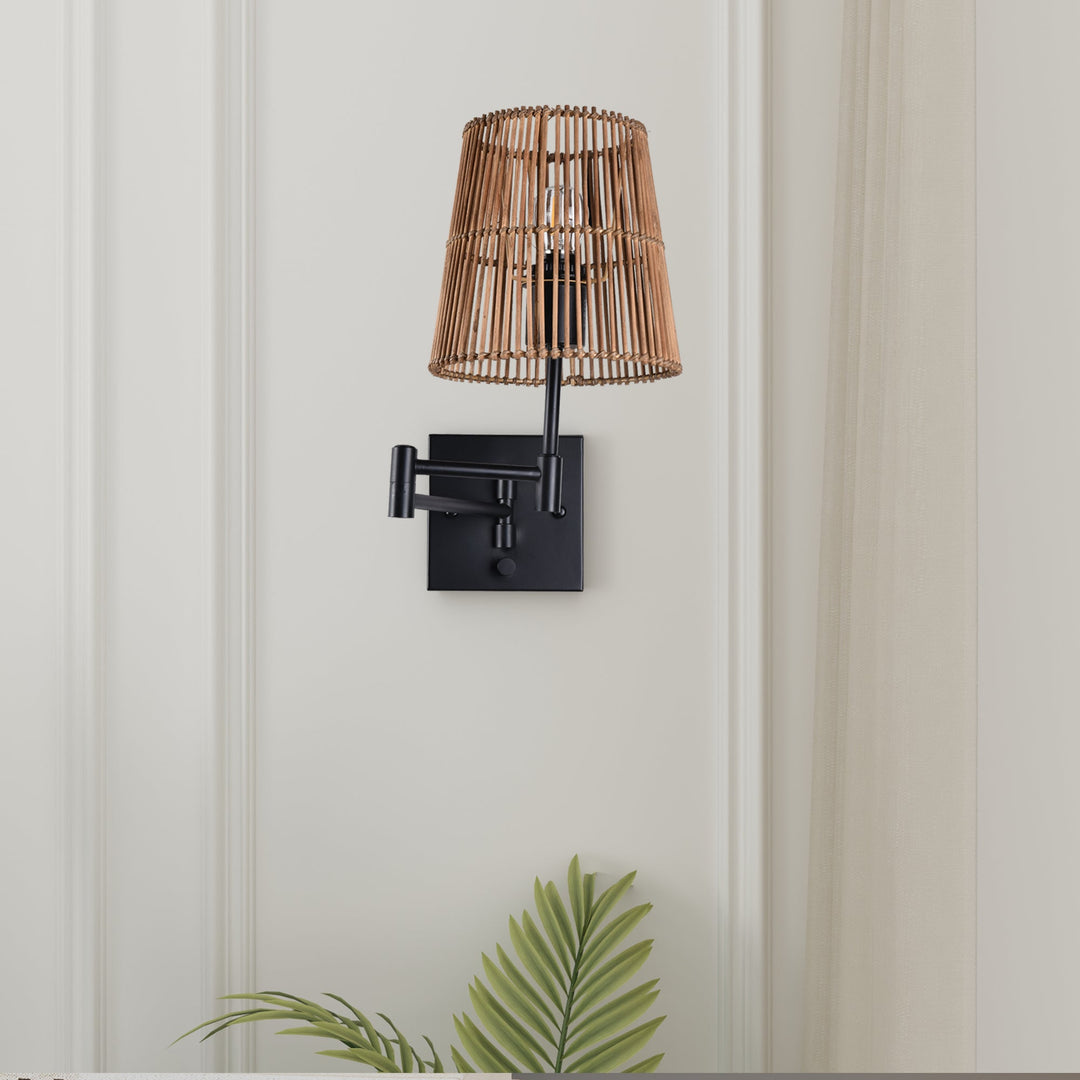 1- Light Dimmable Swing Arm Wall Lamp with Rattan Shade #28002
