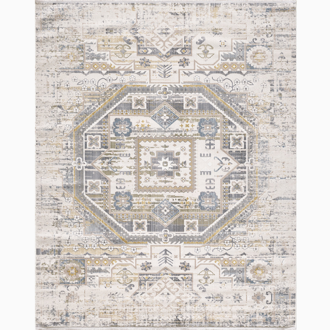 4modernhome BOHO Centre Geometry Medal Boho Turkish Rug with Fringe Cream/Navy blue/yellowish #TB01