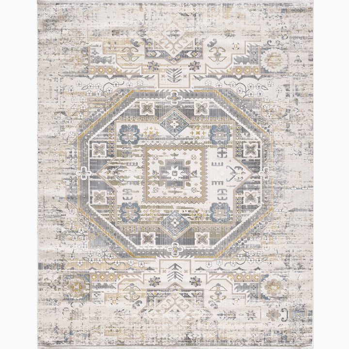 4modernhome BOHO Centre Geometry Medal Boho Turkish Rug with Fringe Cream/Navy blue/yellowish #TB01