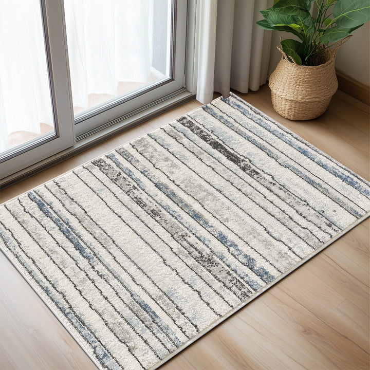4modernhome Striped Area Rug In Brown/Cream/Gray For Living Room, Hallway, Entryway Rug #TM9