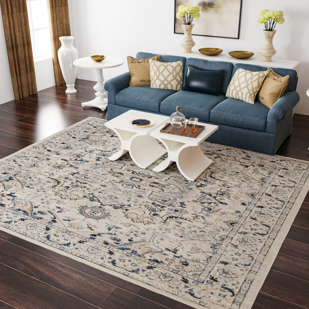 Rectangle Izona Performance Blue/Beige/Cream Area Rug #TM503