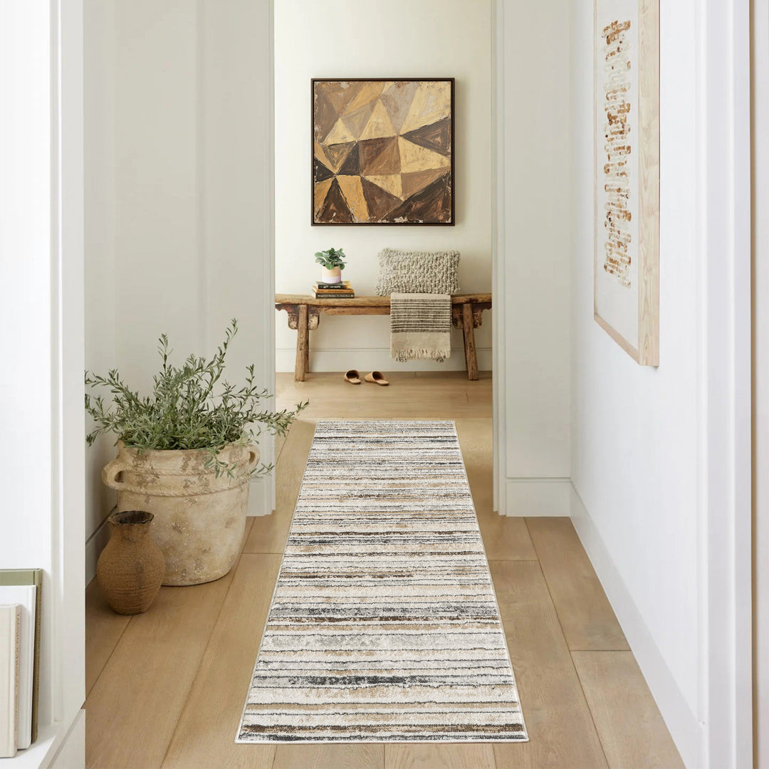 4modernhome Striped Area Rug In Brown/Cream/Gray For Living Room, Hallway, Entryway Rug #TM9