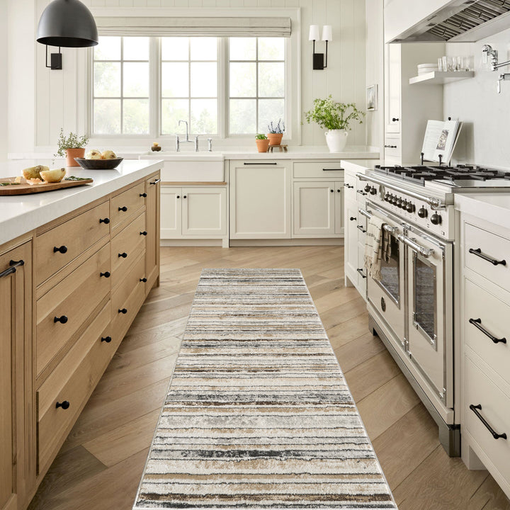 4modernhome Striped Area Rug In Brown/Cream/Gray For Living Room, Hallway, Entryway Rug #TM9
