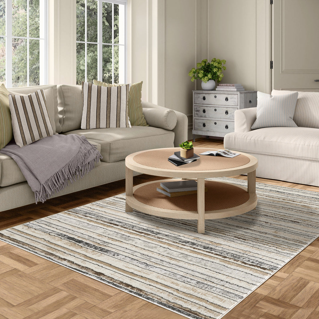 4modernhome Striped Area Rug In Brown/Cream/Gray For Living Room, Hallway, Entryway Rug #TM9