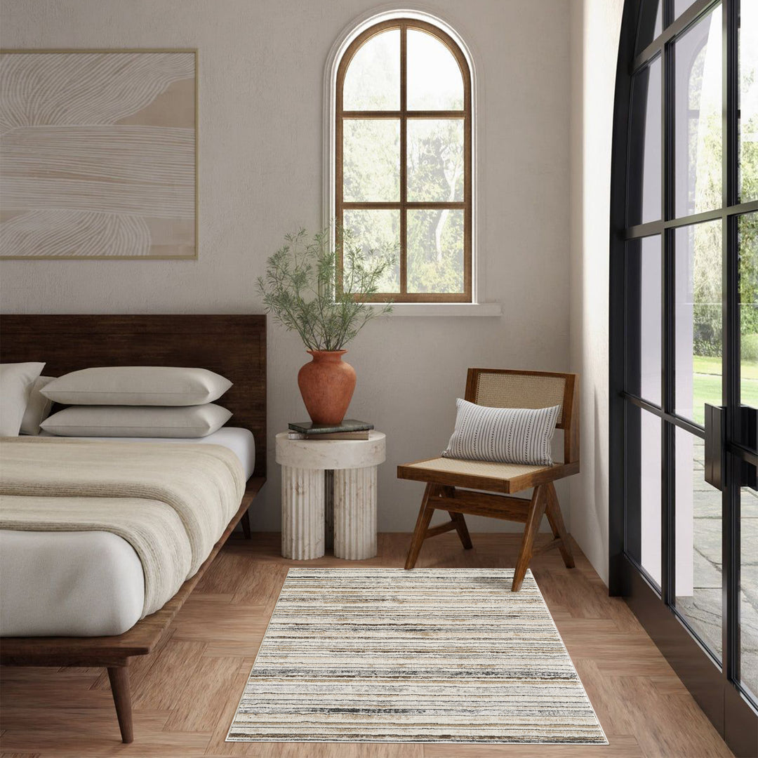 4modernhome Striped Area Rug In Brown/Cream/Gray For Living Room, Hallway, Entryway Rug #TM9