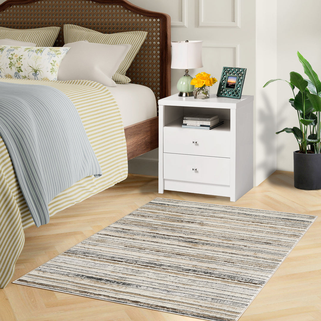 4modernhome Striped Area Rug In Brown/Cream/Gray For Living Room, Hallway, Entryway Rug #TM9