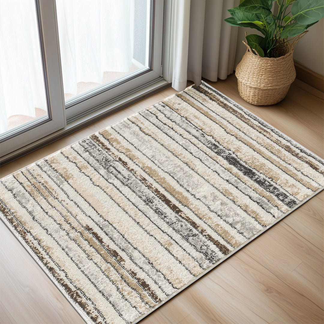 4modernhome Striped Area Rug In Brown/Cream/Gray For Living Room, Hallway, Entryway Rug #TM9