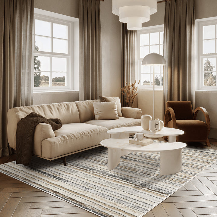 4modernhome Striped Area Rug In Brown/Cream/Gray For Living Room, Hallway, Entryway Rug #TM9