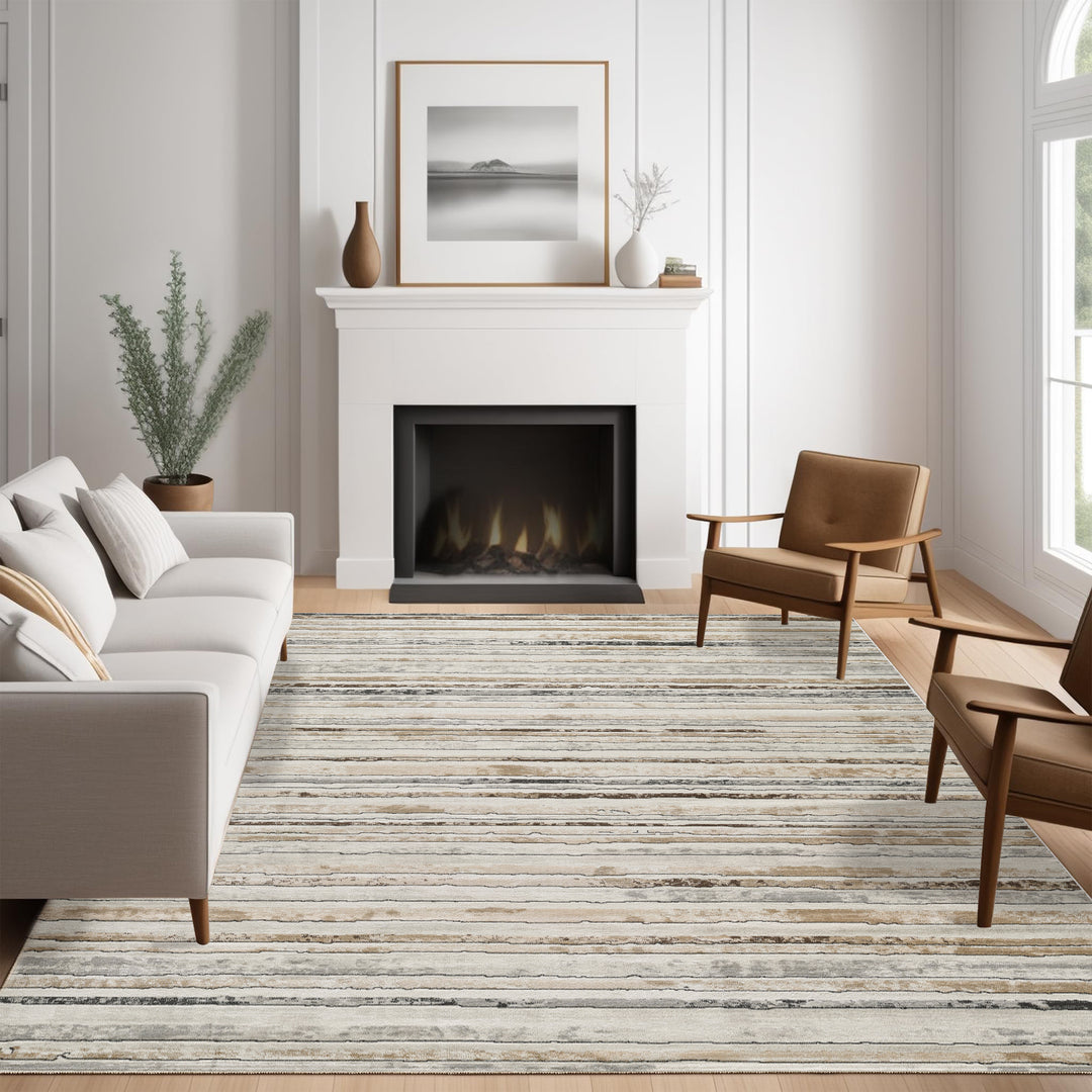 4modernhome Striped Area Rug In Brown/Cream/Gray For Living Room, Hallway, Entryway Rug #TM9
