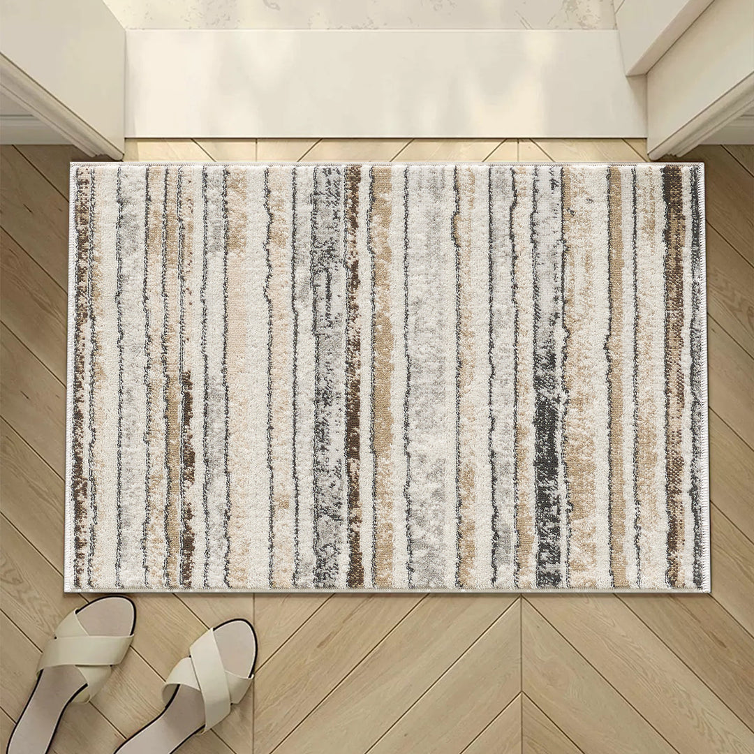 4modernhome Striped Area Rug In Brown/Cream/Gray For Living Room, Hallway, Entryway Rug #TM9