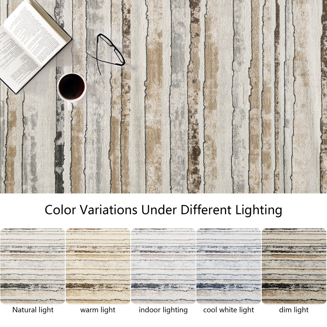 4modernhome Striped Area Rug In Brown/Cream/Gray For Living Room, Hallway, Entryway Rug #TM9