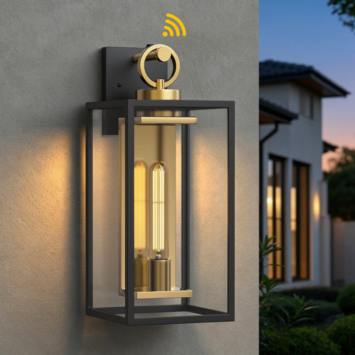 1-Light 18.11" Waterproof Outdoor Wall Lantern, Sand Grain Black Iron Frame, Brushed Gold Inner Wall, Clear Glass, Dusk to Dawn Photocell Hardwired Porch Sconce - image 1