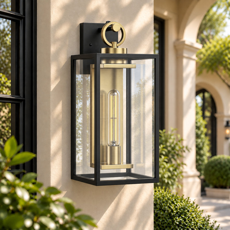 1-Light 18.11" Waterproof Outdoor Wall Lantern, Sand Grain Black Iron Frame, Brushed Gold Inner Wall, Clear Glass, Dusk to Dawn Photocell Hardwired Porch Sconce - image 2