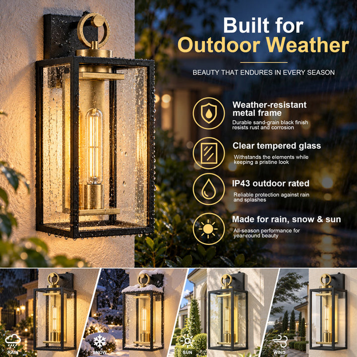1-Light 18.11" Waterproof Outdoor Wall Lantern, Sand Grain Black Iron Frame, Brushed Gold Inner Wall, Clear Glass, Dusk to Dawn Photocell Hardwired Porch Sconce - image 3