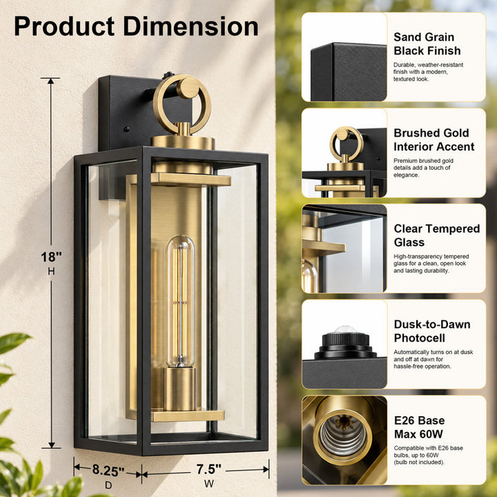 1-Light 18.11" Waterproof Outdoor Wall Lantern, Sand Grain Black Iron Frame, Brushed Gold Inner Wall, Clear Glass, Dusk to Dawn Photocell Hardwired Porch Sconce - image 4