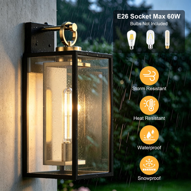 1-Light 18.11" Waterproof Outdoor Wall Lantern, Sand Grain Black Iron Frame, Brushed Gold Inner Wall, Clear Glass, Dusk to Dawn Photocell Hardwired Porch Sconce - image 5