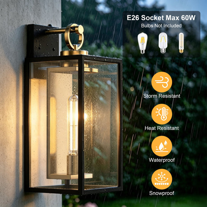 1-Light 18.11" Waterproof Outdoor Wall Lantern, Sand Grain Black Iron Frame, Brushed Gold Inner Wall, Clear Glass, Dusk to Dawn Photocell Hardwired Porch Sconce - image 5