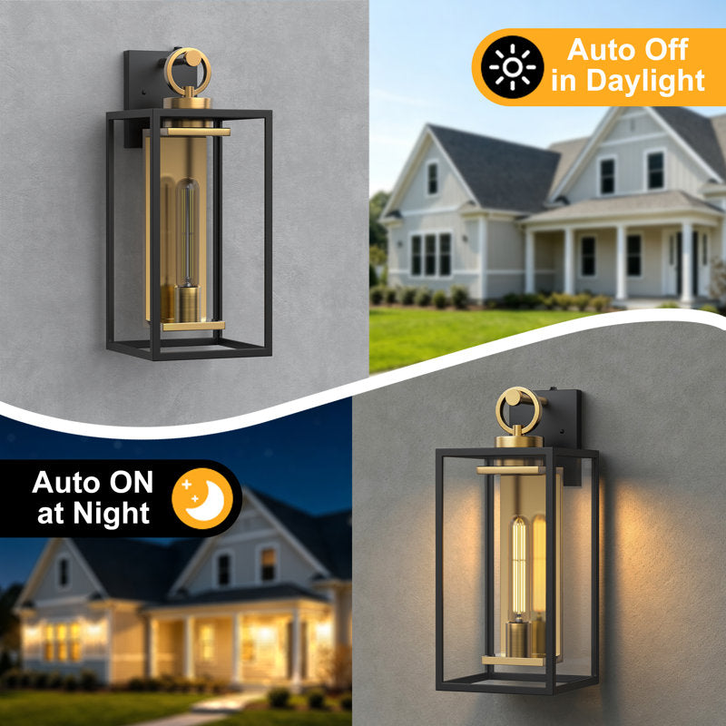 1-Light 18.11" Waterproof Outdoor Wall Lantern, Sand Grain Black Iron Frame, Brushed Gold Inner Wall, Clear Glass, Dusk to Dawn Photocell Hardwired Porch Sconce - image 7