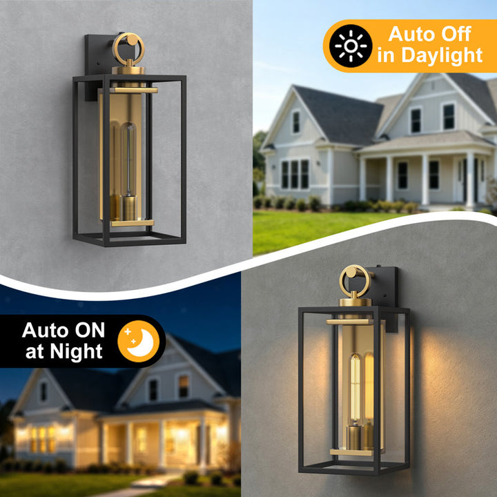 1-Light 18.11" Waterproof Outdoor Wall Lantern, Sand Grain Black Iron Frame, Brushed Gold Inner Wall, Clear Glass, Dusk to Dawn Photocell Hardwired Porch Sconce - image 7