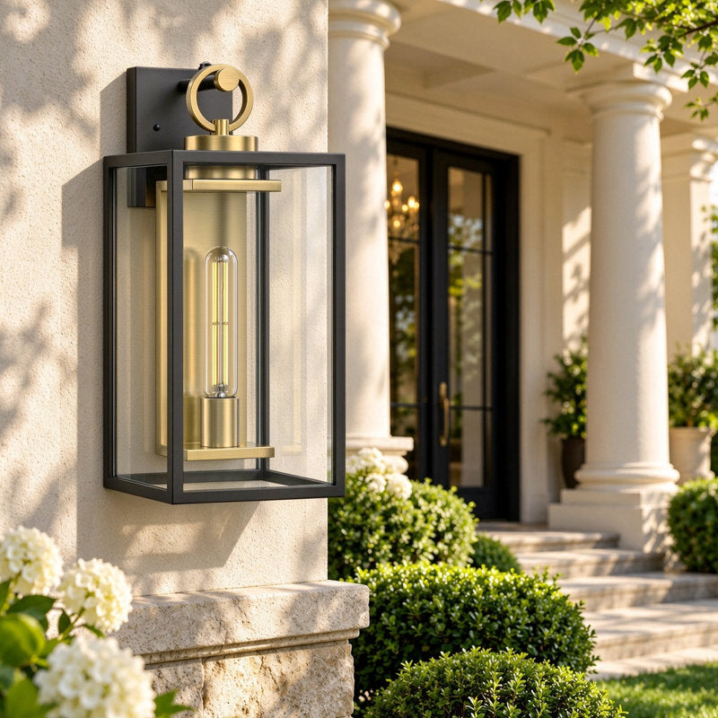 1-Light 18.11" Waterproof Outdoor Wall Lantern, Sand Grain Black Iron Frame, Brushed Gold Inner Wall, Clear Glass, Dusk to Dawn Photocell Hardwired Porch Sconce - image 8