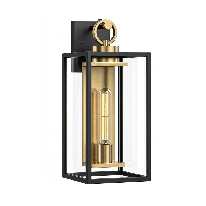 1-Light 18.11" Waterproof Outdoor Wall Lantern, Sand Grain Black Iron Frame, Brushed Gold Inner Wall, Clear Glass, Dusk to Dawn Photocell Hardwired Porch Sconce - image 9