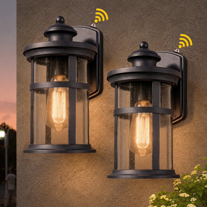 11"H 1-Light Farmhouse Dusk to Dawn Waterproof Outdoor Wall Lantern, Sand Grain Black Iron, Clear Seeded Glass, Exterior Porch Sconce (Set of 2) - image 1