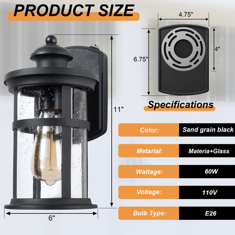 11"H 1-Light Farmhouse Dusk to Dawn Waterproof Outdoor Wall Lantern, Sand Grain Black Iron, Clear Seeded Glass, Exterior Porch Sconce (Set of 2) - image 3