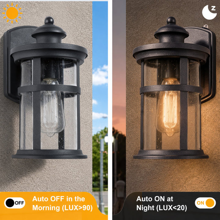 11"H 1-Light Farmhouse Dusk to Dawn Waterproof Outdoor Wall Lantern, Sand Grain Black Iron, Clear Seeded Glass, Exterior Porch Sconce (Set of 2) - image 4