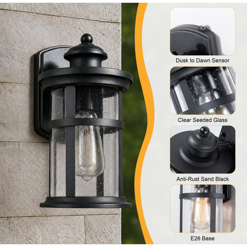 11"H 1-Light Farmhouse Dusk to Dawn Waterproof Outdoor Wall Lantern, Sand Grain Black Iron, Clear Seeded Glass, Exterior Porch Sconce (Set of 2) - image 5