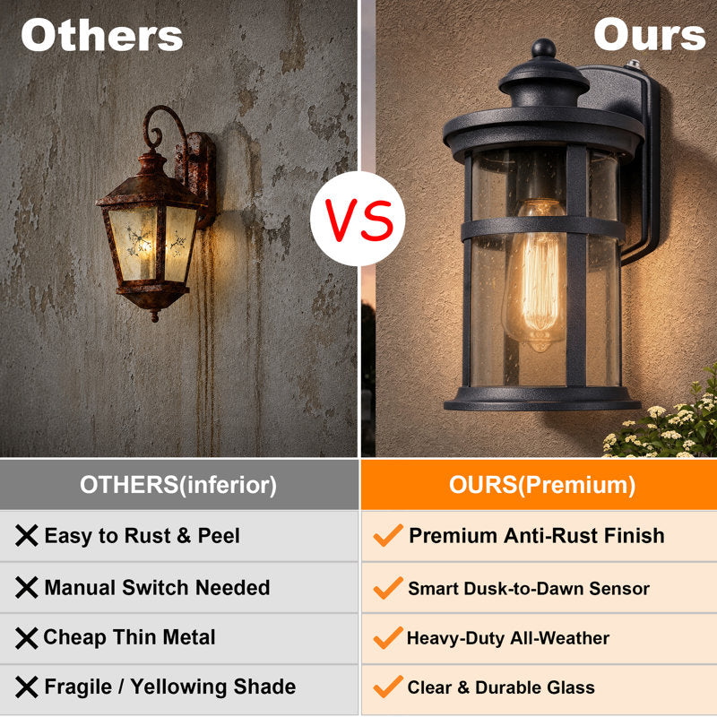 11"H 1-Light Farmhouse Dusk to Dawn Waterproof Outdoor Wall Lantern, Sand Grain Black Iron, Clear Seeded Glass, Exterior Porch Sconce (Set of 2) - image 8