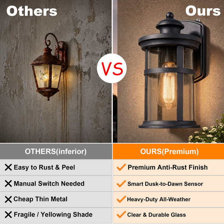 11"H 1-Light Farmhouse Dusk to Dawn Waterproof Outdoor Wall Lantern, Sand Grain Black Iron, Clear Seeded Glass, Exterior Porch Sconce (Set of 2) - image 8