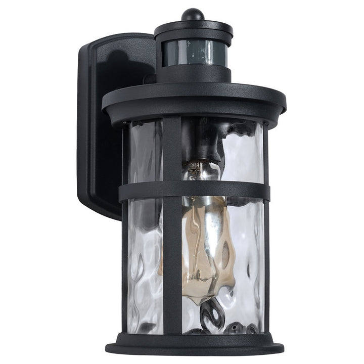 11"H 1-Light Farmhouse Infrared Sensor Waterproof Outdoor Wall Lantern, Sand Grain Black Iron, Clear Water Ripple Glass, Exterior Porch Sconce (Set of 2)