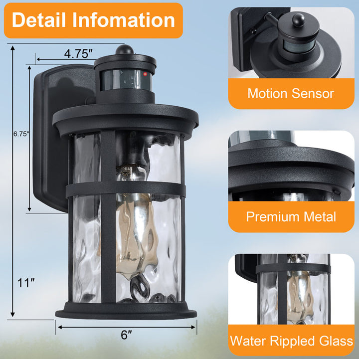 11"H 1-Light Farmhouse Infrared Sensor Waterproof Outdoor Wall Lantern, Sand Grain Black Iron, Clear Water Ripple Glass, Exterior Porch Sconce (Set of 2) - Image 2