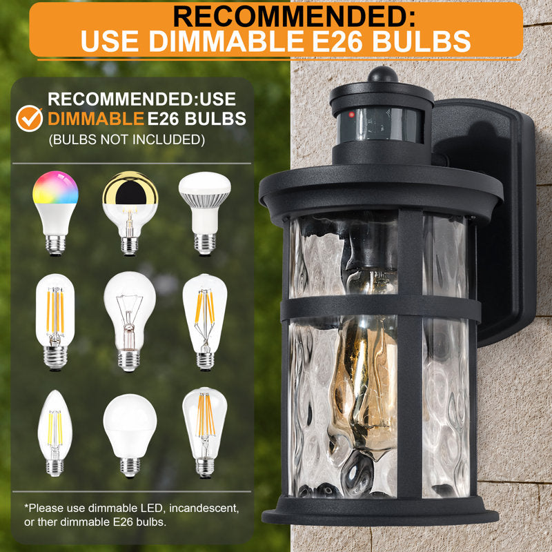 11"H 1-Light Farmhouse Infrared Sensor Waterproof Outdoor Wall Lantern, Sand Grain Black Iron, Clear Water Ripple Glass, Exterior Porch Sconce (Set of 2) - Image 5