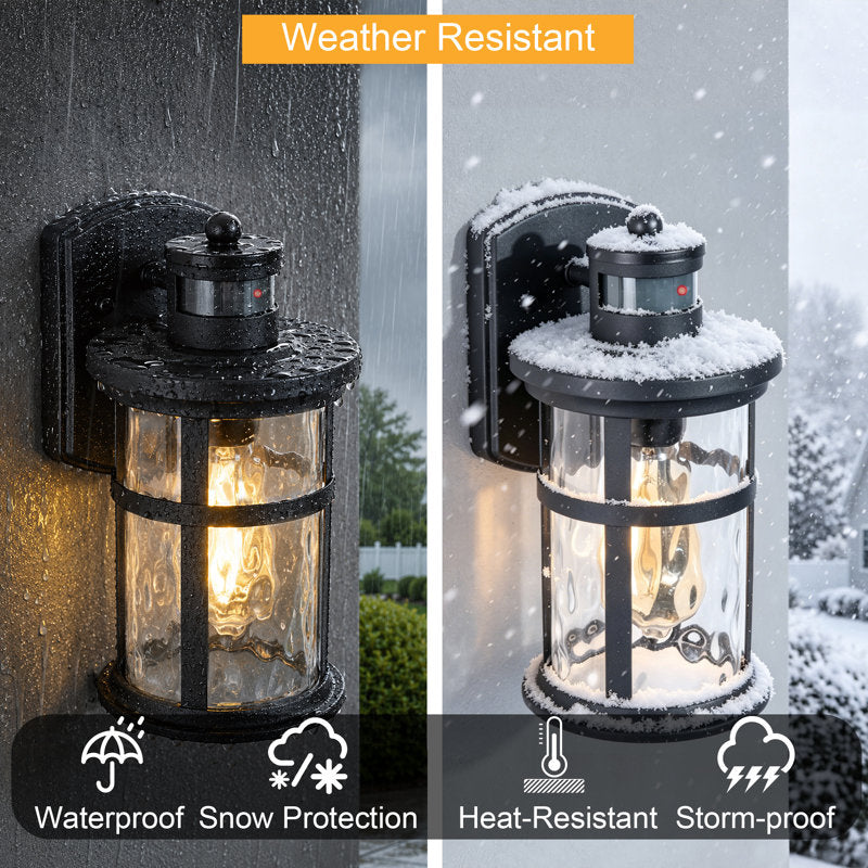 11"H 1-Light Farmhouse Infrared Sensor Waterproof Outdoor Wall Lantern, Sand Grain Black Iron, Clear Water Ripple Glass, Exterior Porch Sconce (Set of 2) - Image 6