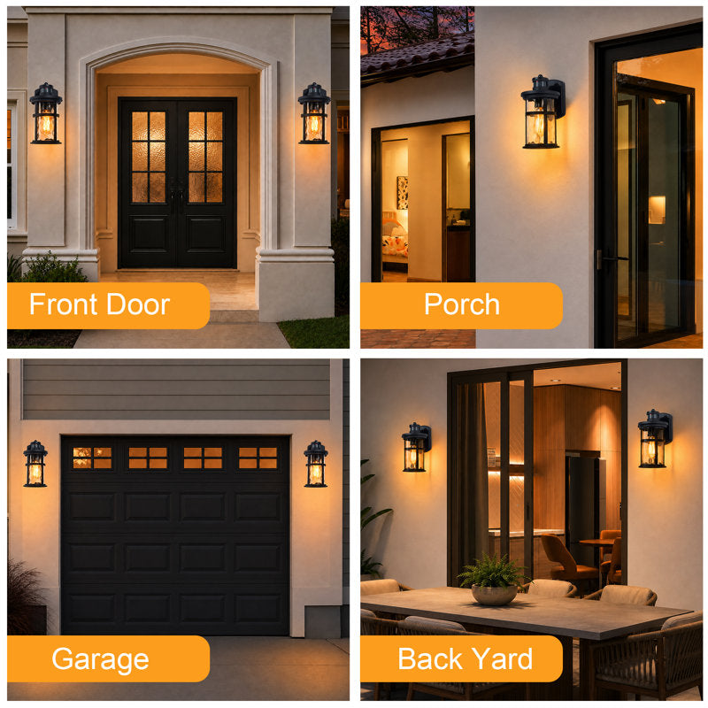 11"H 1-Light Farmhouse Infrared Sensor Waterproof Outdoor Wall Lantern, Sand Grain Black Iron, Clear Water Ripple Glass, Exterior Porch Sconce (Set of 2) - Image 7