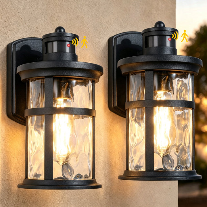 11"H 1-Light Farmhouse Infrared Sensor Waterproof Outdoor Wall Lantern, Sand Grain Black Iron, Clear Water Ripple Glass, Exterior Porch Sconce (Set of 2) - Image 8