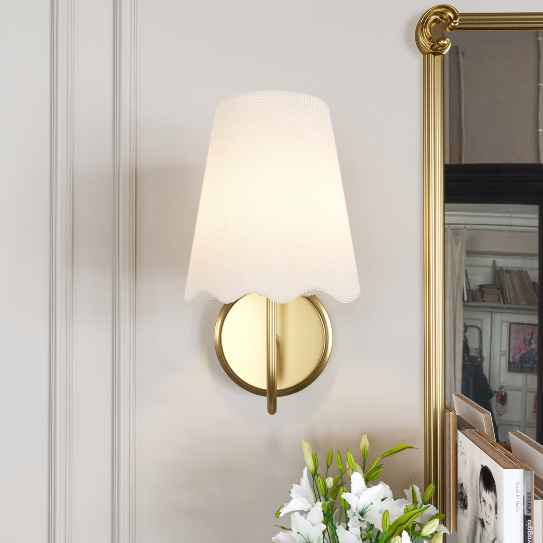 Twilight Brass Armed Sconce With White Linen Shade #W39005