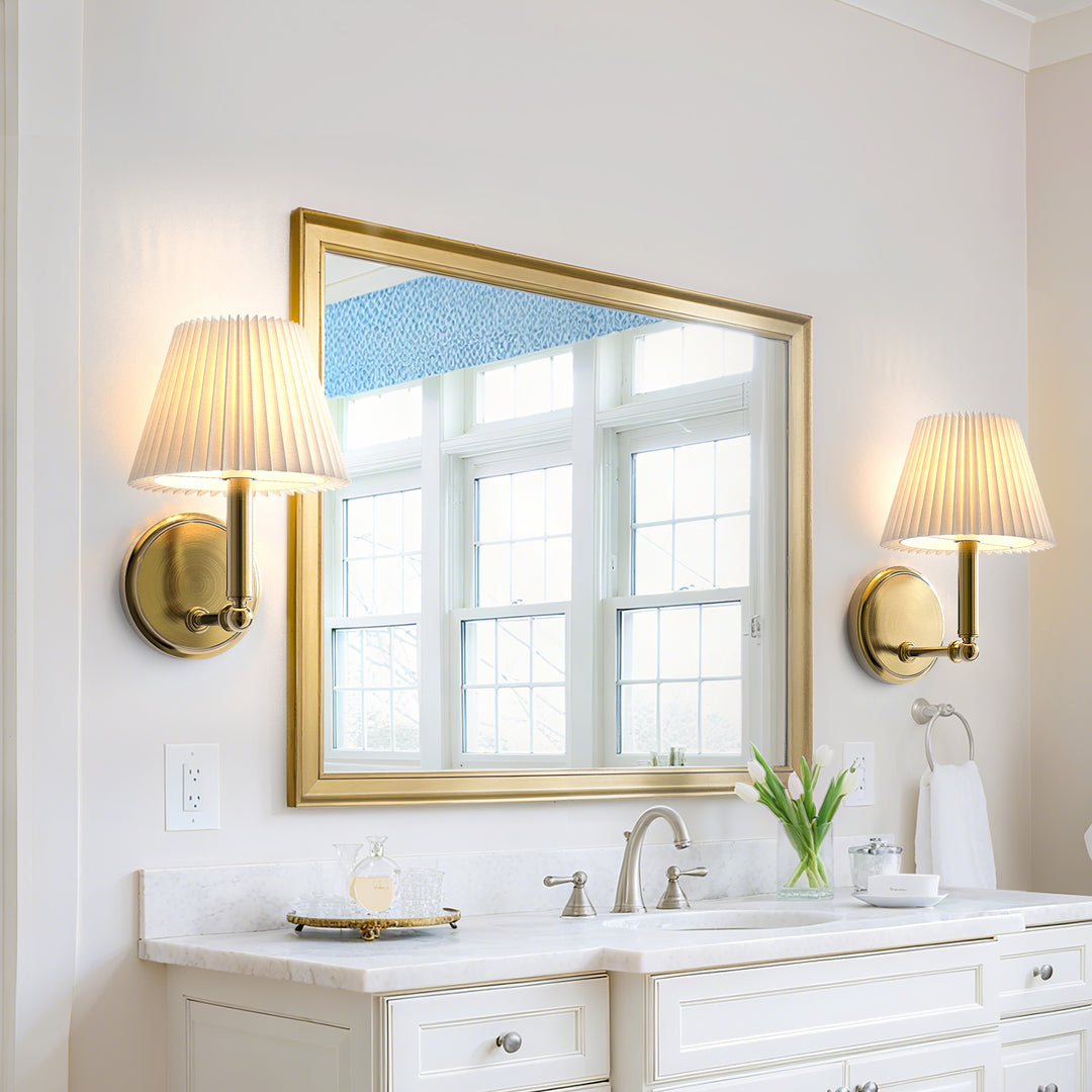 Twilight Brass Armed Sconce With White Linen Shade #39006